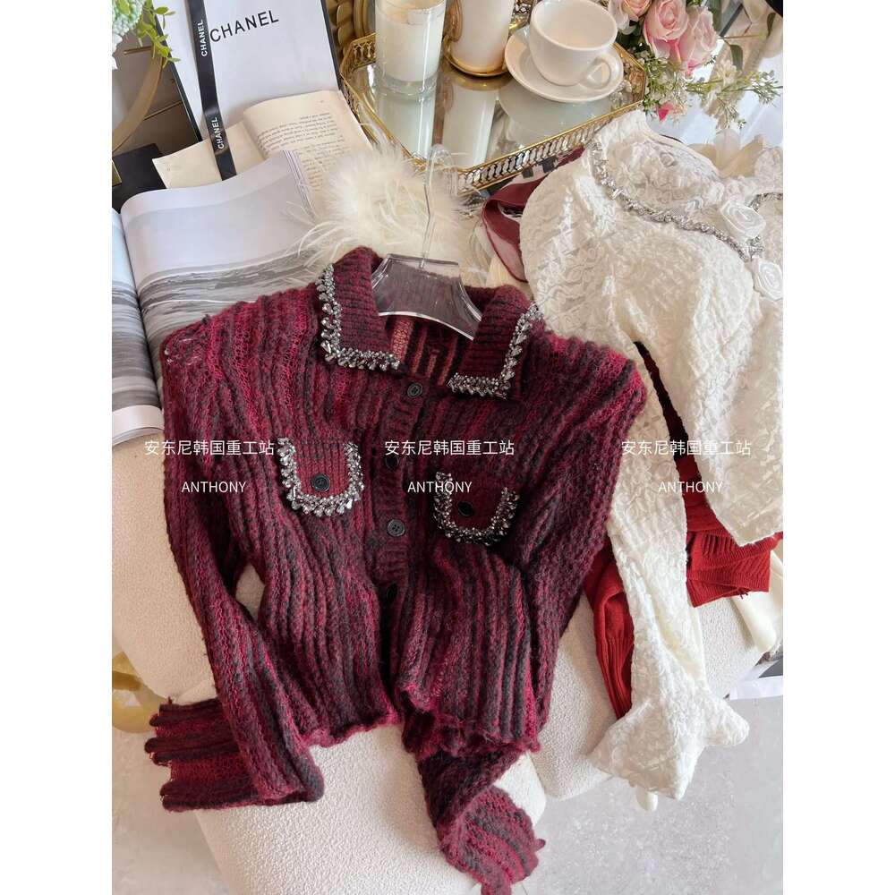 Retro Red Dia Knitted Cardigan Women Autumn Rhinestone Lapel Long Sleeve Hollow Out Short Sweater Temperament