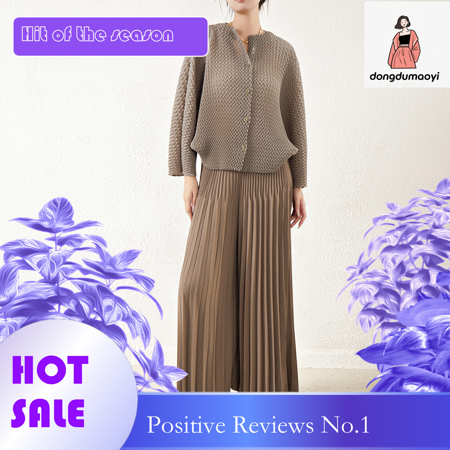dongdumaoyi Fashion Set for Women's Autumn, with niche design sense, featuring V-shaped bat shaped shirt top and hundred pleated large swing pant