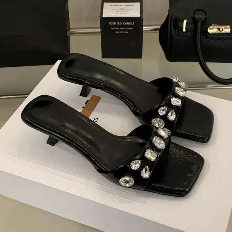 Crystal Women Slippers Square Toe High Heels Woman Sandals 2025 Summer Brand Sexy Party Shoes Zapatillas De Mujer