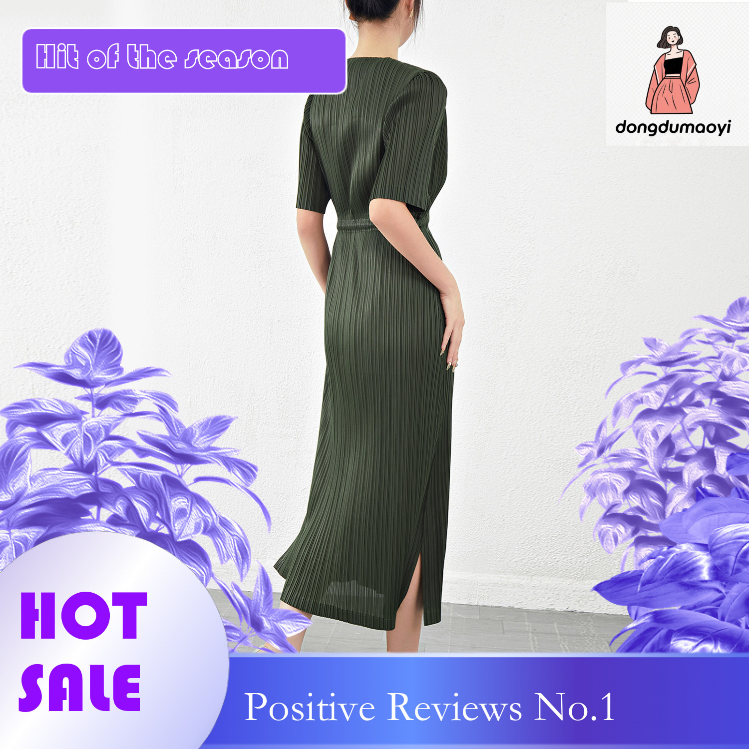 dongdumaoyi Miyake pleated loose slimming temperament short sleeved V neck high end dress long skirt