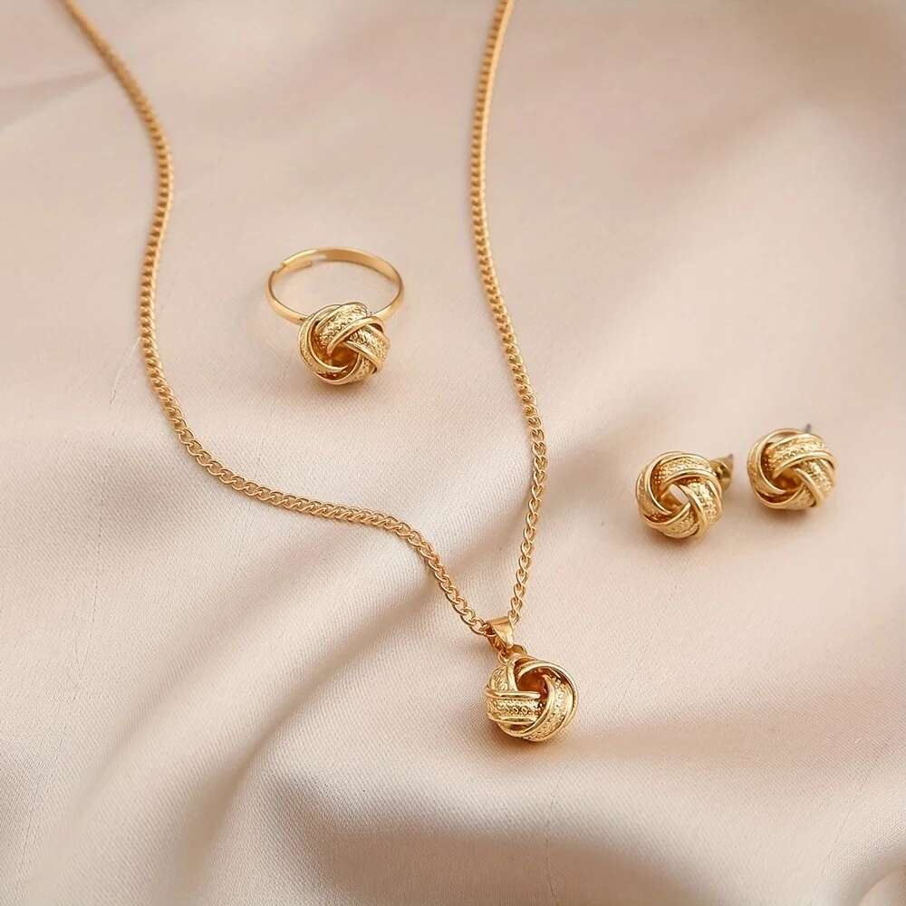 A Of Hollow-Out Knotted Three-Dimensional Round Rings Earrings Necklace Jewelry Set Lady Dating Gift