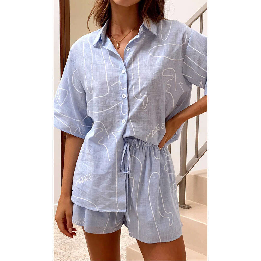 Women's Wear Short Sleeved Shirt And Shorts For Women In Summer , Casual Letter Abstract Line Printed Two-Piece Set