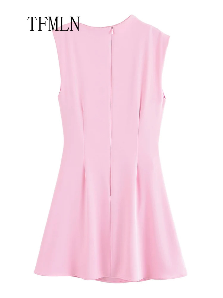 TFMLN Women Summer Asymmetrical Mini Dress Fashion Sweet Solid ONeck Sleeveless Elegant Street Pleated 250514