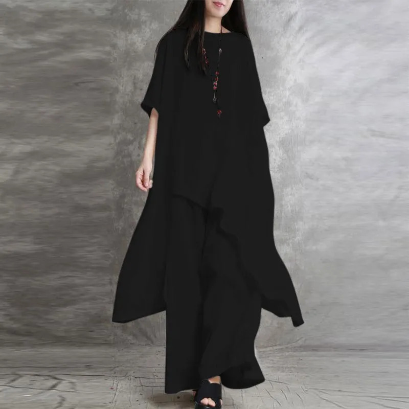 Women Cotton Linen Pant Sets 2 Pieces Casual Half Sleeve Solid Loose Blouse High Elastic Waist Wide Leg Full Trousers Suits 250513