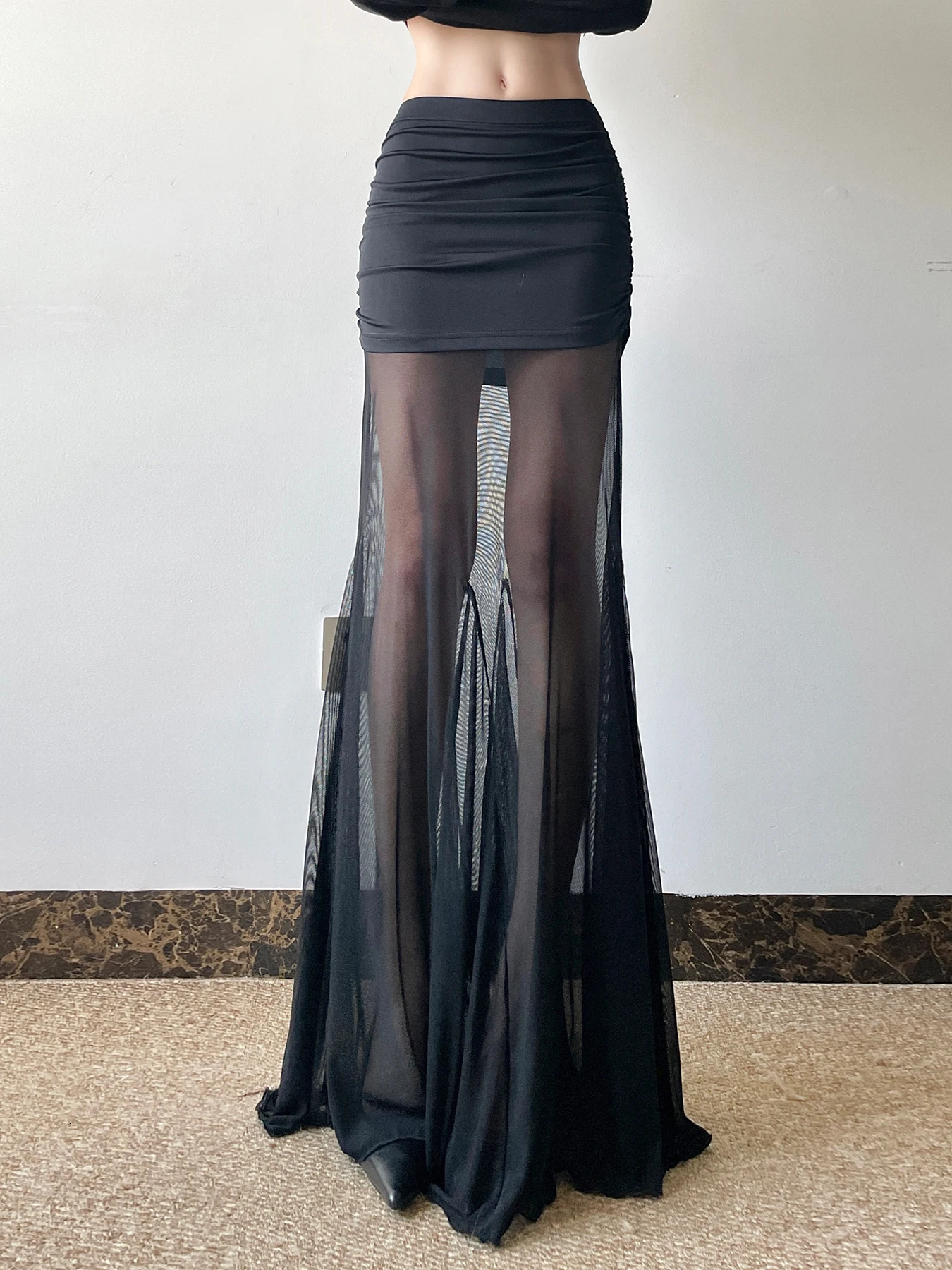 Cuteandpsycho Vintage Sexy Solid Mesh Skirts Low Waisted Y2K Aesthetic Korean Outfits Clubwear Long Black Knitted Womens Bottom 250514