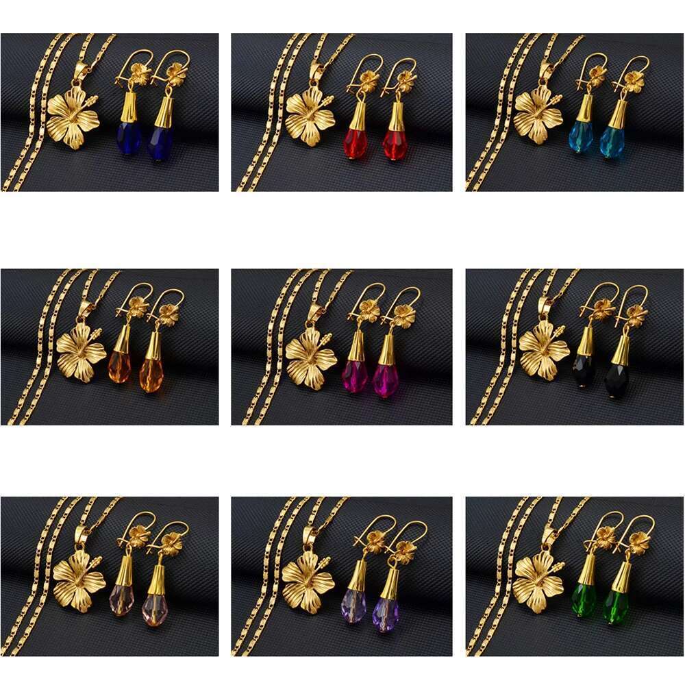 Anniyo Hawaiian Hibiscus Flower Sets Colorful Beads Pendant Necklaces Earrings Accessories Guam Micronesia Jewelry #259706