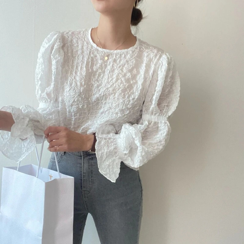 REALEFT Spring Summer Lantern Sleeve Womens Blouses Long Oneck Puff Casual White Shirts for Women 250514