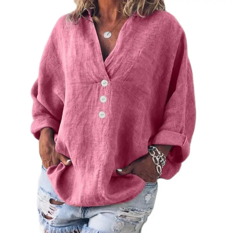 Simple Style Single Pockets Shirt Women V Neck Button Decoration Pullover Blouse Female Solid Color Cotton Linen Loose Tops 250513
