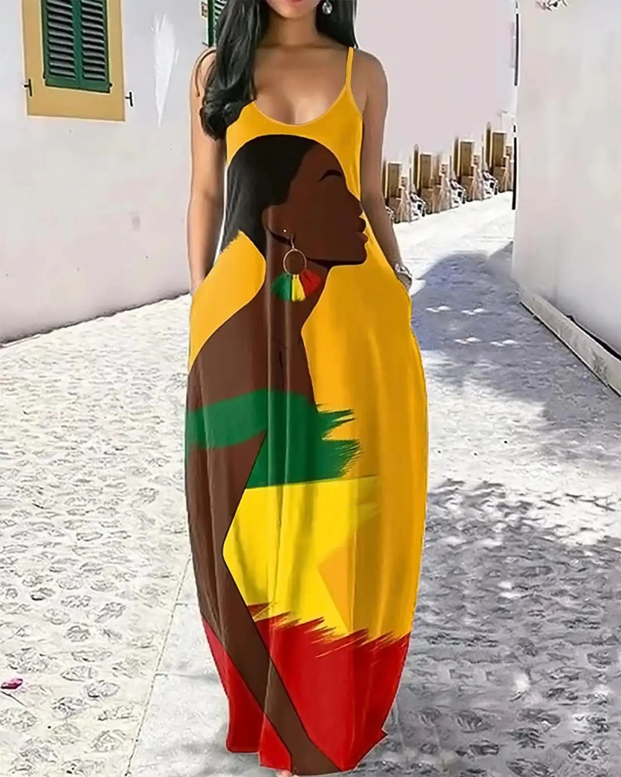 Fashion plus size elegant portrait side profile half-length printed suspender dress with pockets 250509
