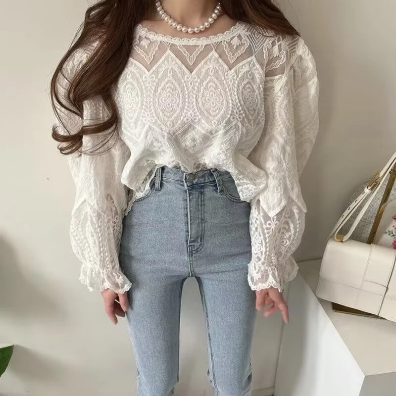 REALEFT Spring Summer Hollow Out Lace Crochet Womens Blouses Solid Long Sleeve Oneck Casual Shirts Top for 250514