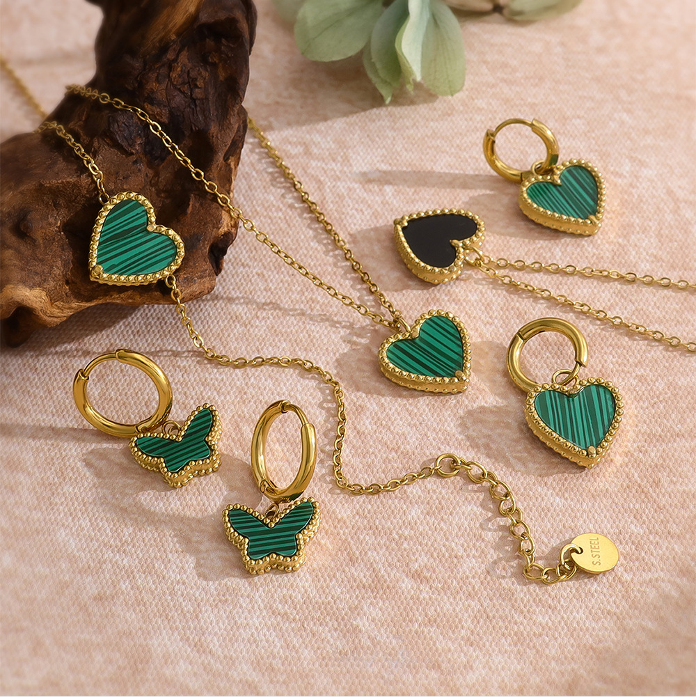 Minimalist Double-Sided Heart Necklace Set with Green Malachite, French Vintage Style, 18K Gold Plated Titanium Steel Jewelry for Women