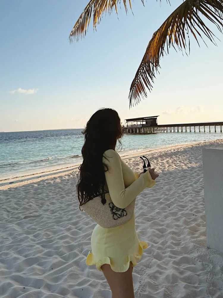 Womens Fashion Solid Ruffles Hem Mini Dress Elegant Long Sleeve High Waist Slim Dresses 2025 Summer Vocation Street DressesXJ250514