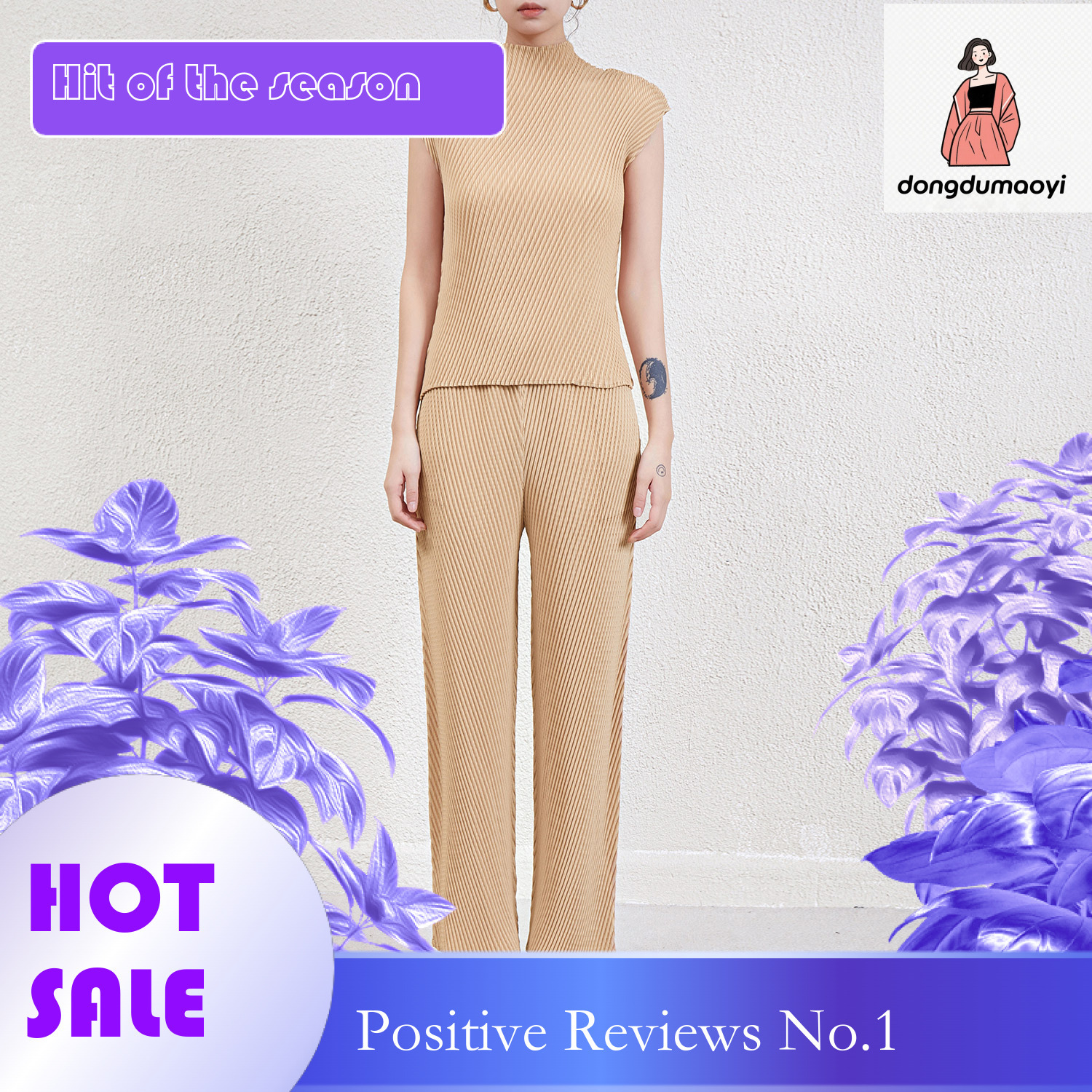 dongdumaoyi Fashionable pleated suit women's 2024 spring/summer new style simple casual short sleeved T-shirt top versatile slimming straight leg