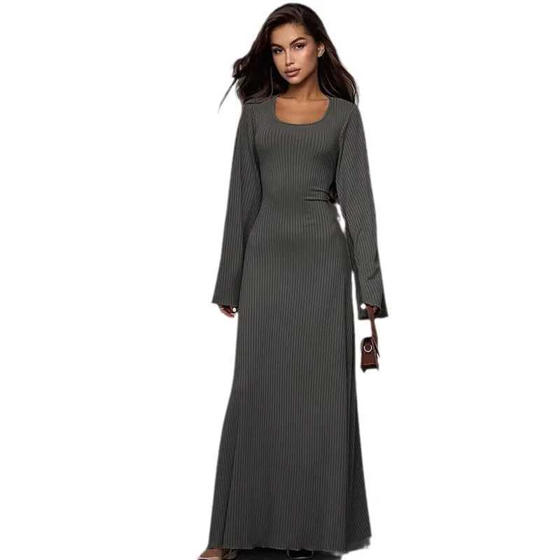 Solid Ribbed Trumpet Long Sleeve Maxi Dress Back Lace-Up Straps Elegant Casual For Women A little thinner Dresses All seasonsXJ250514