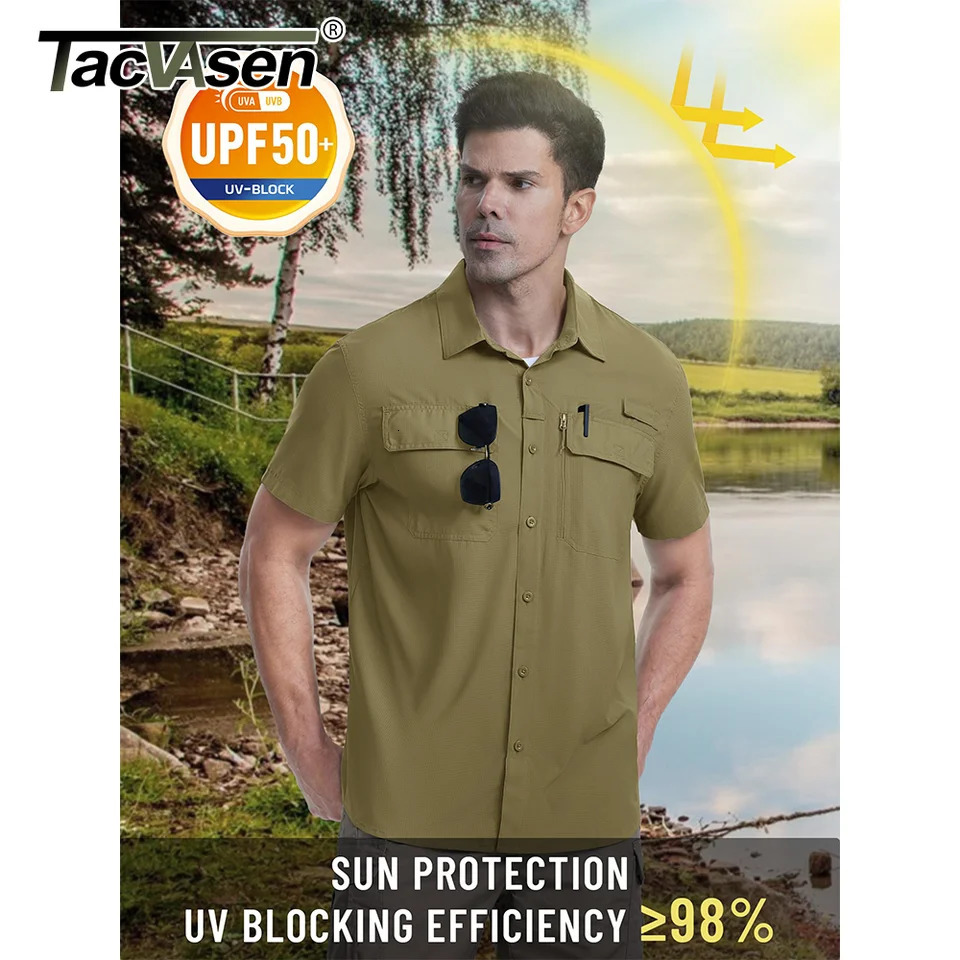 TACVASEN Quick Dry Short Sleeve Shirts Mens UPF 50 Sun Protection Work Cargo Mesh Breathable Hiking Fishing Man 250514