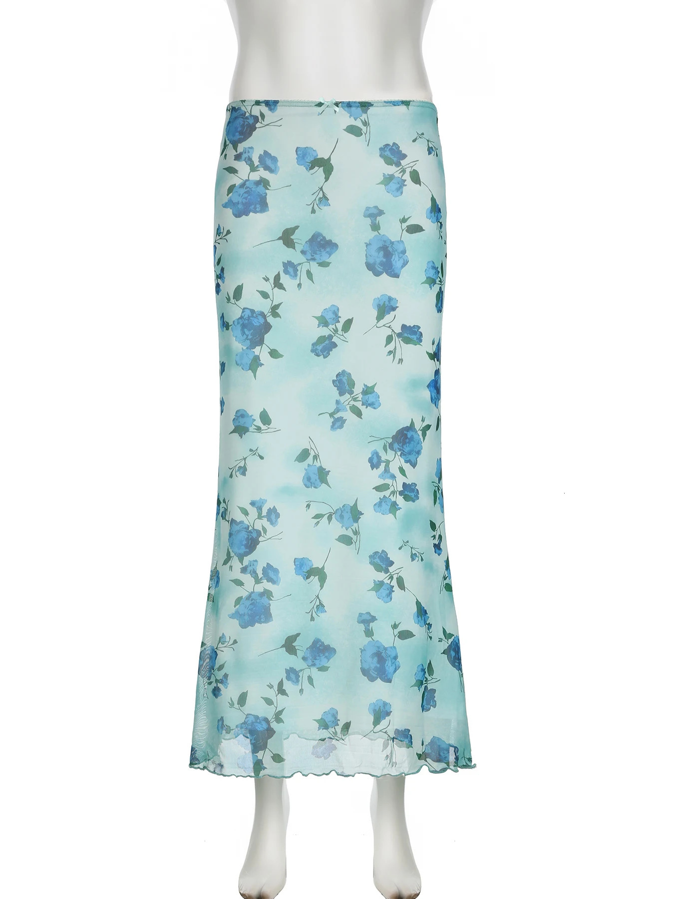 Rockmore Floral Print Bow Front Lettuce Trim Long Mermaid Skirt for Party Holiday Wedding Guest Elegant High Waist Bodycon 250514