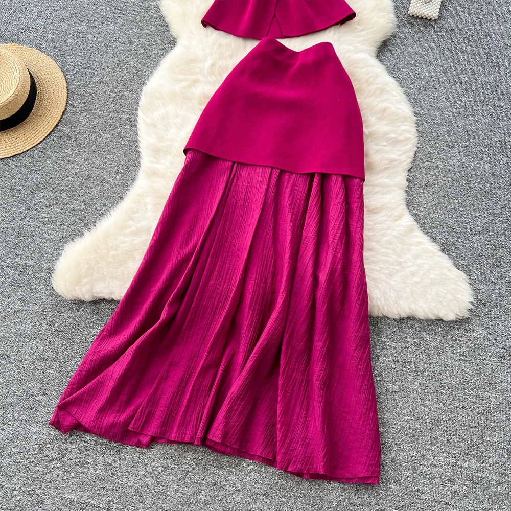 YuooMuoo Fashion Two Piece Suits for Women Summer Lady Elegant Patchwork Aesthetic Long Skirts and Knitted Vest Tops 250514
