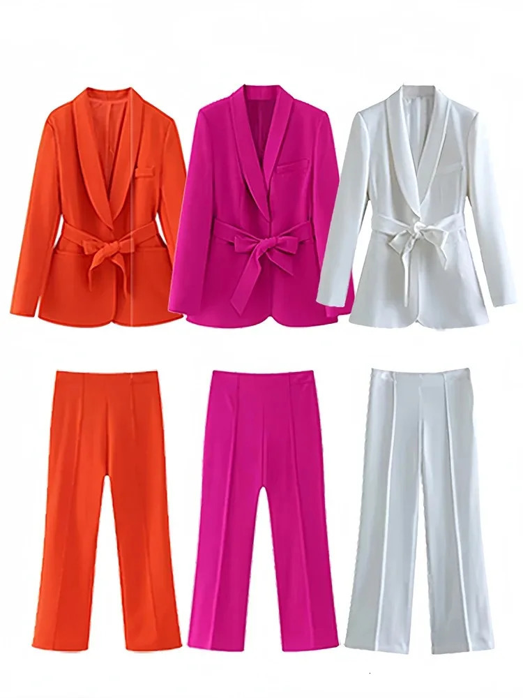 TRAF Womens Casual Long Sleeve Vneck Belt Accessory Set Fashionable and Elegant High Waist Wide Leg Pants 250530