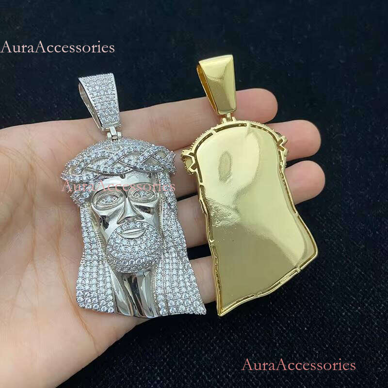 Large Size Micro Pave Solid Back Gold Hip Hop Iced Out Jesus Pendant
