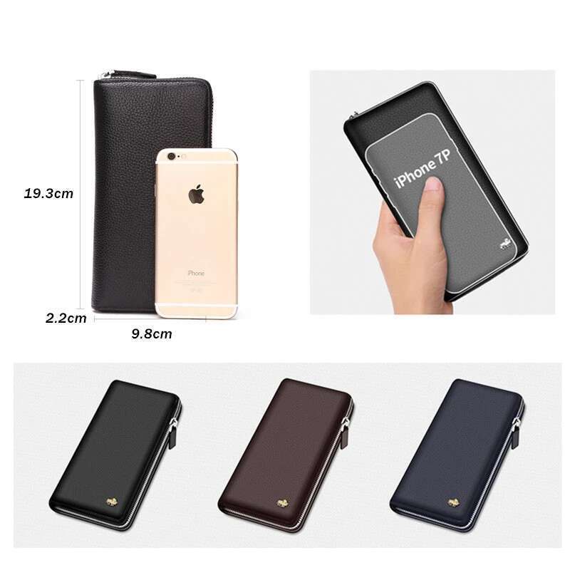 BISON DENIM Brand Genuine Leather RFID Blocking Clutch Bag Wallet Card Holder Coin Purse Zipper Male Long Wallets N8195