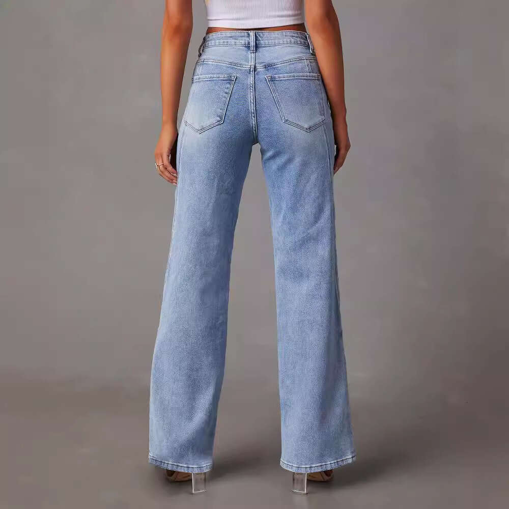 25 Year New Comfortable and Casual Loose Fitting Wide Leg Womens Jeans for Women -32149 Discount in Limited Time Leisure and Leisure Printing Solid Co