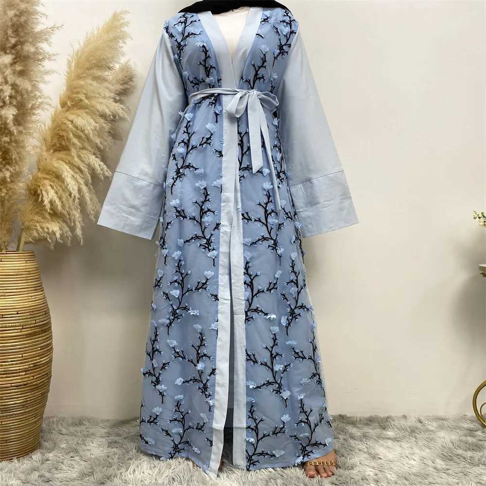 Flower Open Abaya Dubai Turkey Kaftan Women Muslim Embroidery Maxi Dress Eid Fashion Jalabiya Islamic Robe Ramadan Caftan Kimono X250514