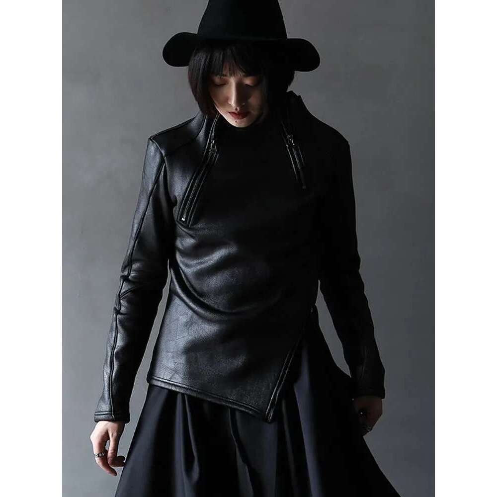Dark Style Irregular Stand Collar Diagonal Zipper Faux Leather Sweatshirt Female Cool Black Gothic Jacket Fleece Lining Pullover Designer