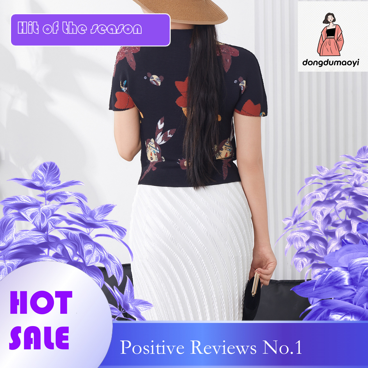dongdumaoyi Miyake Fashion Folded Top Summer New Cartoon Elastic Versatile Half High Collar and Slimming Short Sleeve T-shirt for Women