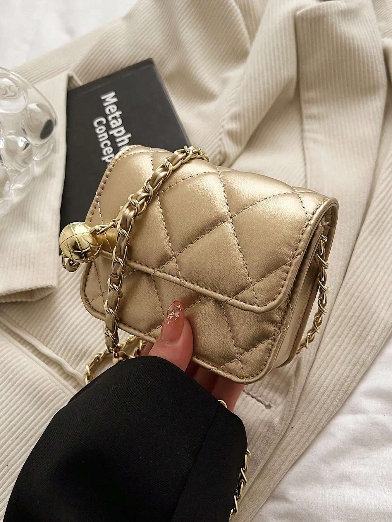 2025 new bag simple multifunctional texture mini belt with golden ball chain shoulder strap designer crossbody bag diamond grid chain women's sma