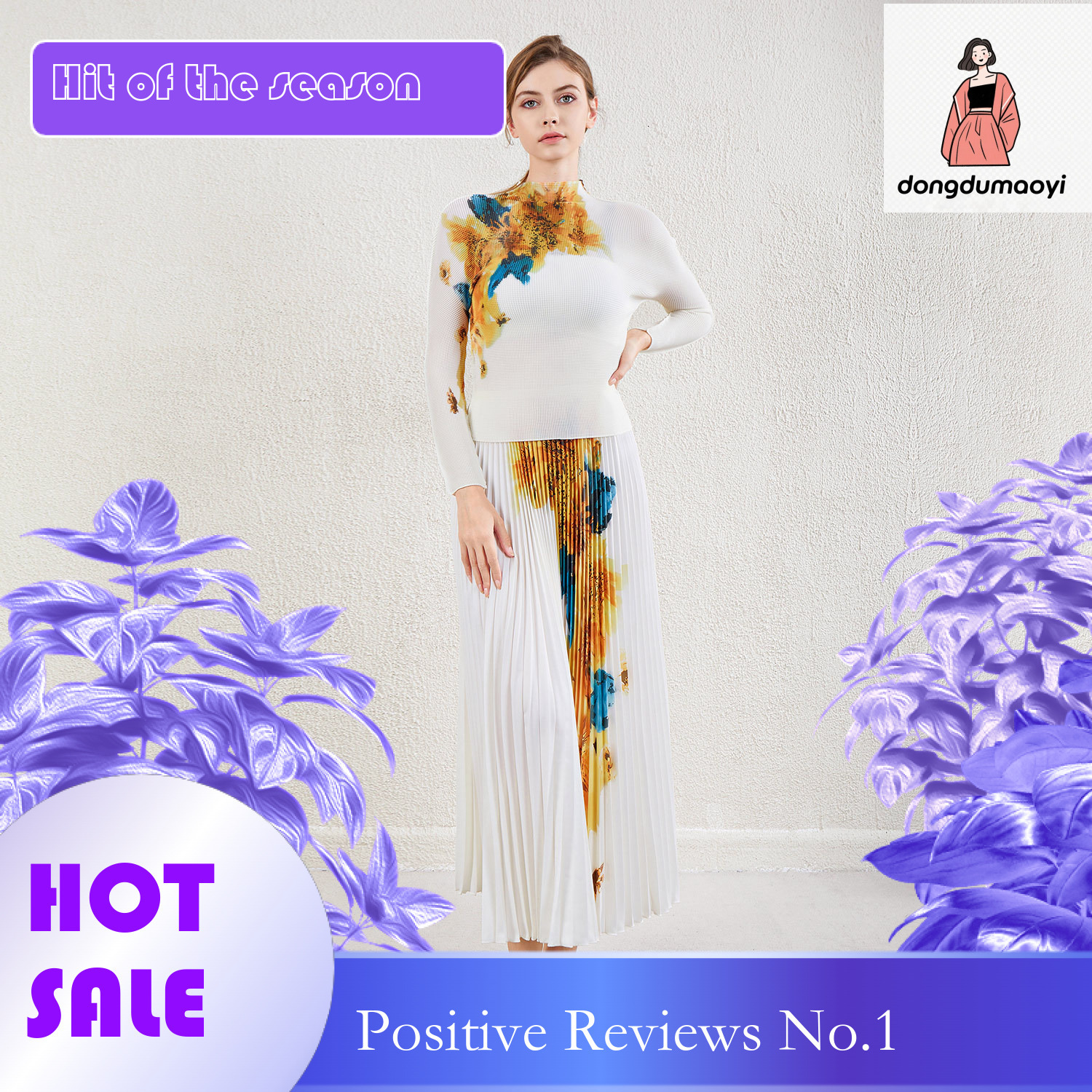 dongdumaoyi Miyake set two-piece top fashionable slim fit temperament pleated T-shirt printed skirt