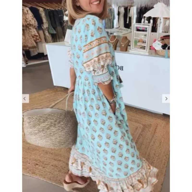 Womens Boho Printed Chic V-neck Long Dresses 2025 Summer Spring Pocket Party Dress Fall Half Lantern Sleeve Ruffles DressesXJ250514