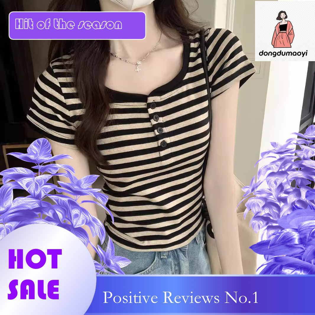 dongdumaoyi Shoulder striped sleeved T-shirt for women in the summer of 2025, Korean version, half open collar, fit, slim and short top