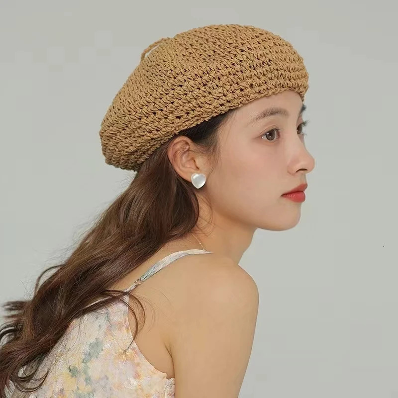 Summer Solid Color Beret For Women Ins Straw Crochet Fashion Hat Female Cool Cap Outdoor Spring Hat Boina Gift 250514