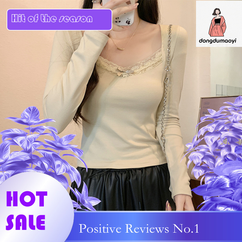 dongdumaoyi French style design round neck long sleeved shirt for women, 2024 autumn lace patchwork short base shirt, inner top