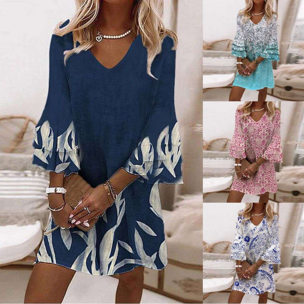 Women Clothes Dress New Fresh Printed V Neck Sleeve Mini Women S Dress KQ