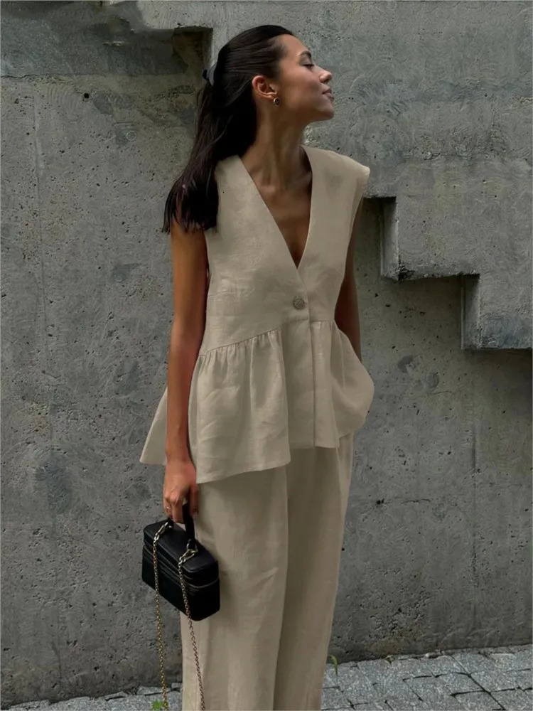 Fashion Pink Cotton Linen 2 Piece Set Women Summer Chic Elegant Outfit Sleeveless Ruffles Tank Top And Loose Wide-leg Pants Sets 250513
