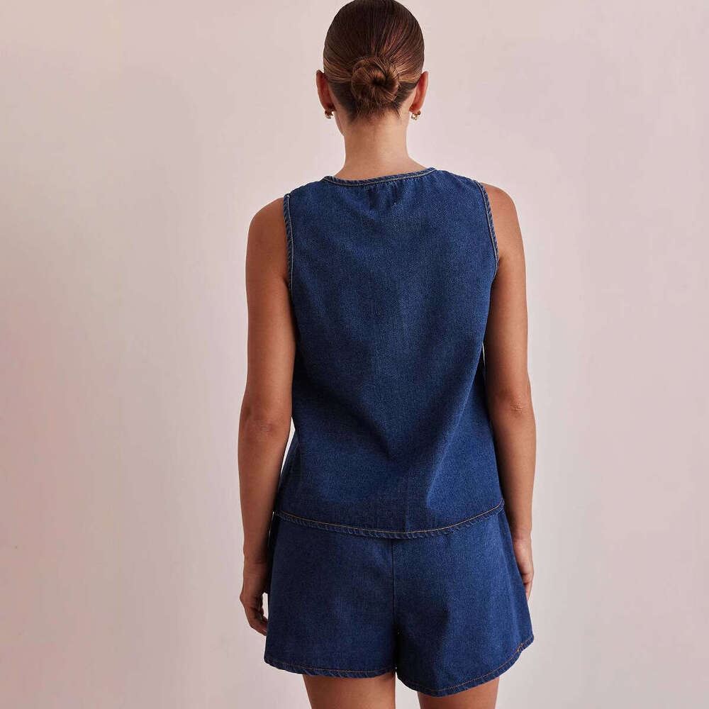 2025 Style Summer Fashion Casual Sleeveless Lace Up High Waisted Womens Vest Denim Suit Shorts for Women High Elasticity Versatile Printing New Produc