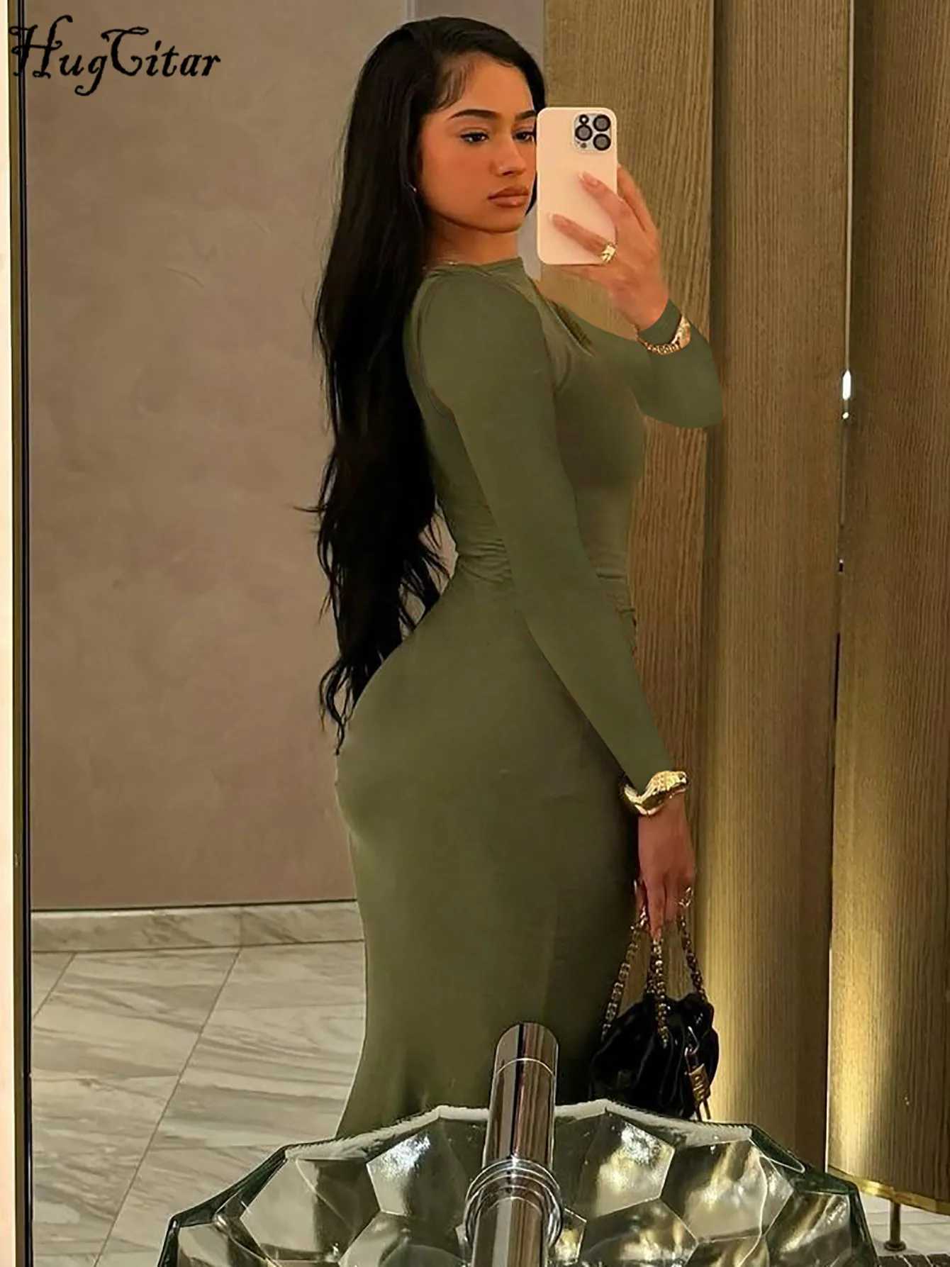 Hugcitar 2024 Autumn Solid Long Sleeve Draped Sexy Bodycon Maxi Prom Dress Women Fashion Y2K Outfits Evening Party FestivalXJ250514