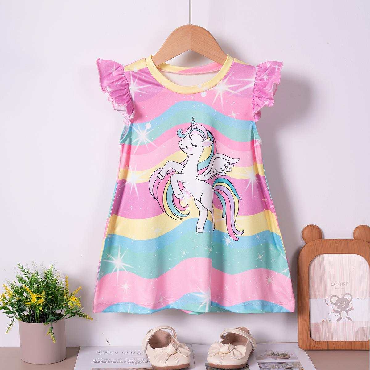 New summer baby girls dresses rainbow unicorn cute cartoon printing small fly sleeve short dress, daily wear and party wear, suitable for outings FJ05