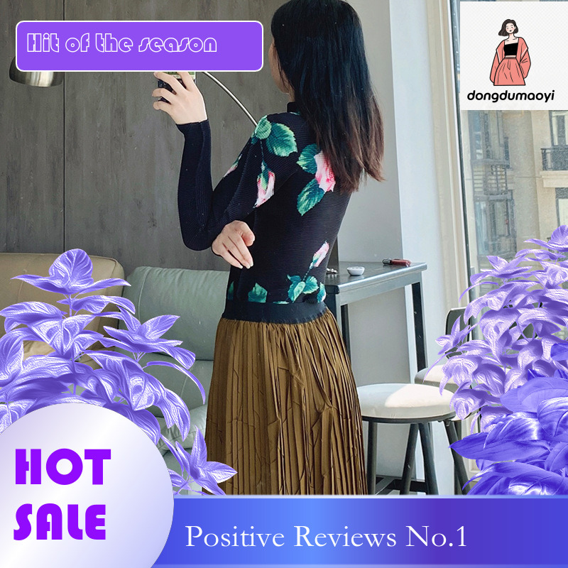 dongdumaoyi Miyake elasticity base shirt spring and summer, interior high neck versatile fashion printed long sleeved pleated top for women