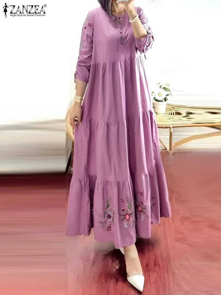 ZANZEA Elegant Floral Printed Muslim Maxi Dress Woman Fashion Tiered Abaya Sundress Casual Holiday Vacation Long Robes Kaftan X250514
