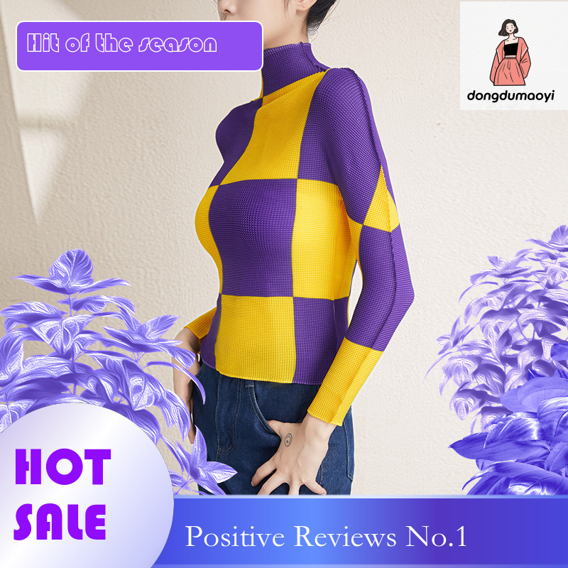 dongdumaoyi Long sleeved base shirt for women's spring and autumn 2024 new slim fit printed checkered pleated half high neck top