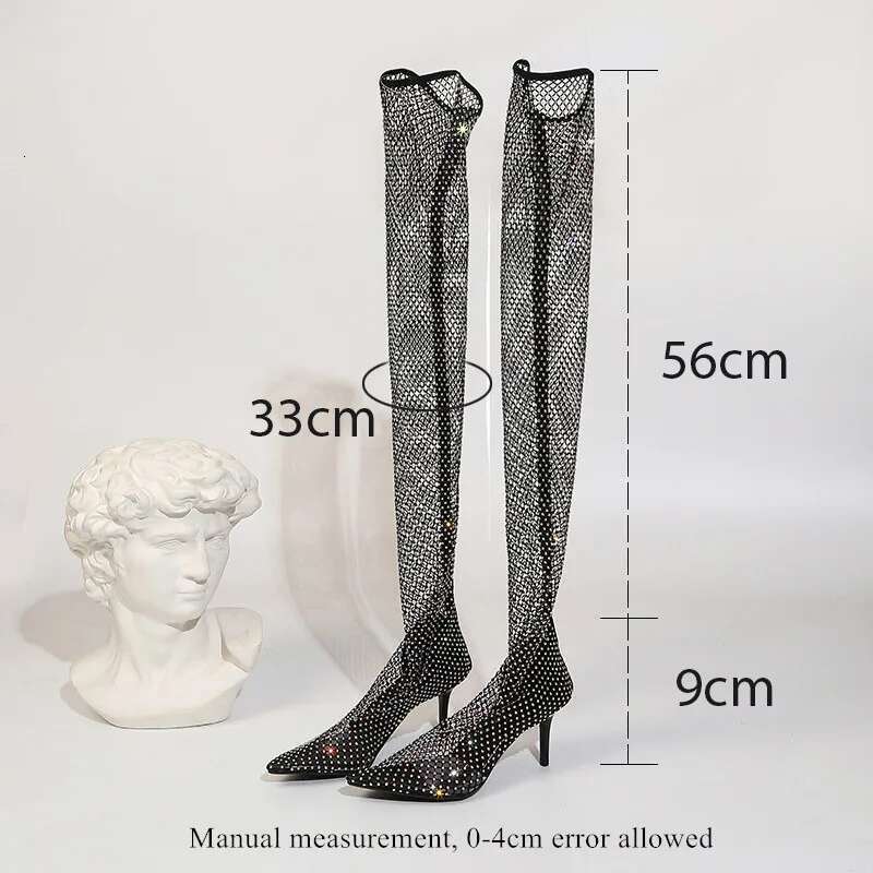 Sexy Pumps Stiletto High Heel Over Knee Mesh Net Sock Boots Pointed Toe Fishnet Shoes Women Heels Plus Size 42