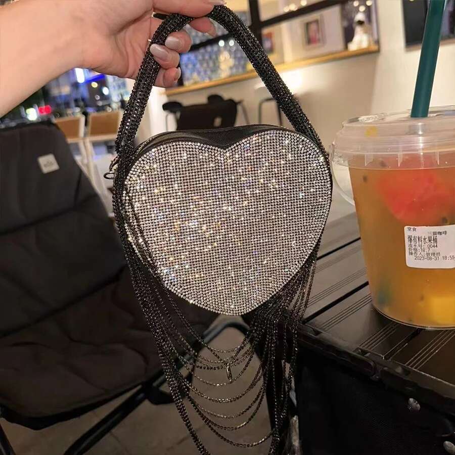 Shiny Tassel Dias Heart-Shaped Evening Small Clutch Purse One Side Rhinestones Shoulder Bags Party Wedding Handbags Sac