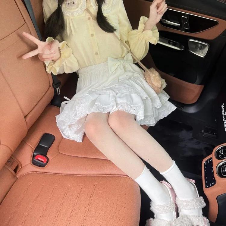 Harajuku Sweet Bow White Lace Skirt Women Y2K High Waist Ruched Cake Skirts Spring Autumn Basic Simple Layered Foldas 250514