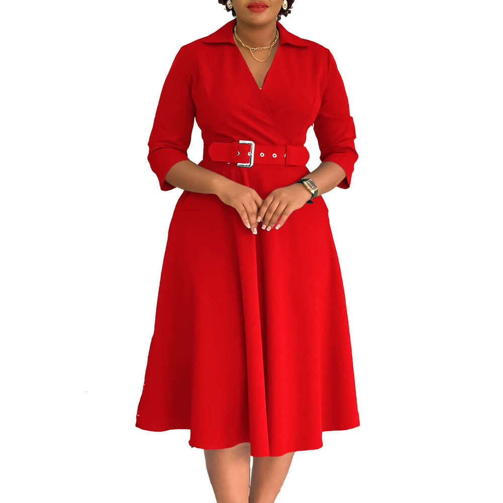 Women's Wear Women's Wear Plus Size Women's Clothing Autumn New Item Lapel Fashionable Temperament Solid Color Large Skirt Dress