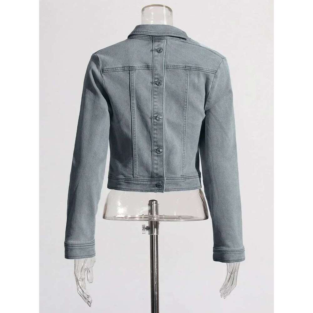 Plus Size Blue Formal Casual Short Streetwear Stand-Up Collar One Shoulder Long Sleeve Button Denim Jacket Fall Winter