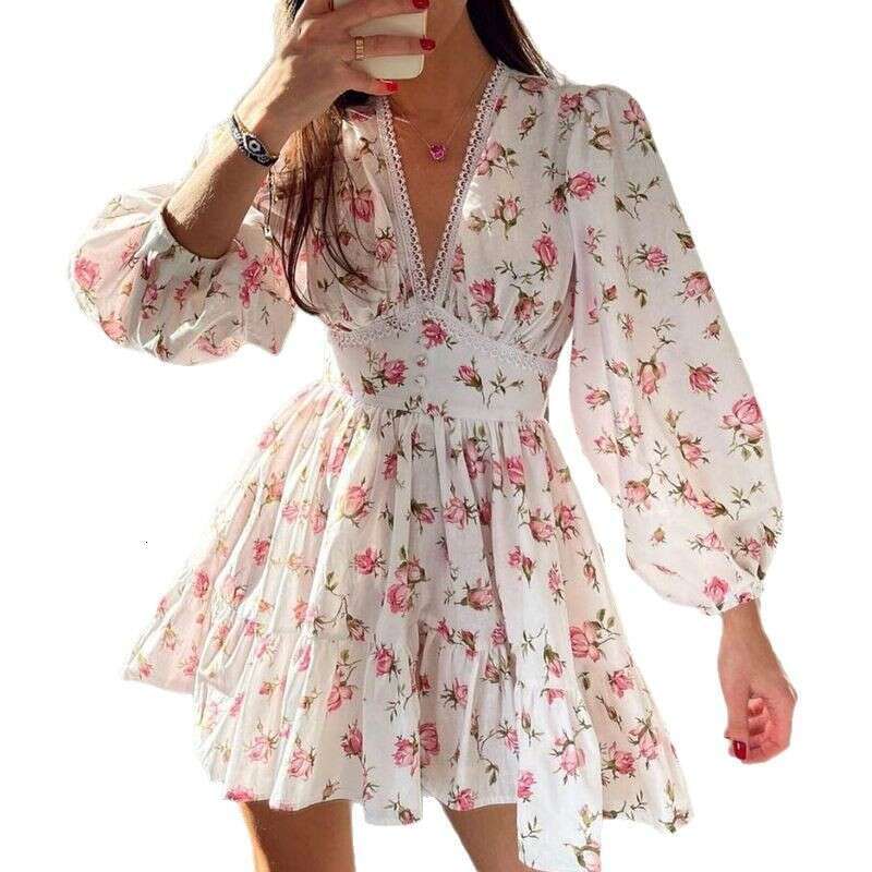 Dresses for Woman Party Womens Designer Clothing Black Dress 2025 Womens Clothing Temperament Sweet Floral High Waist Slim Fit V-neck Short Long Sleev