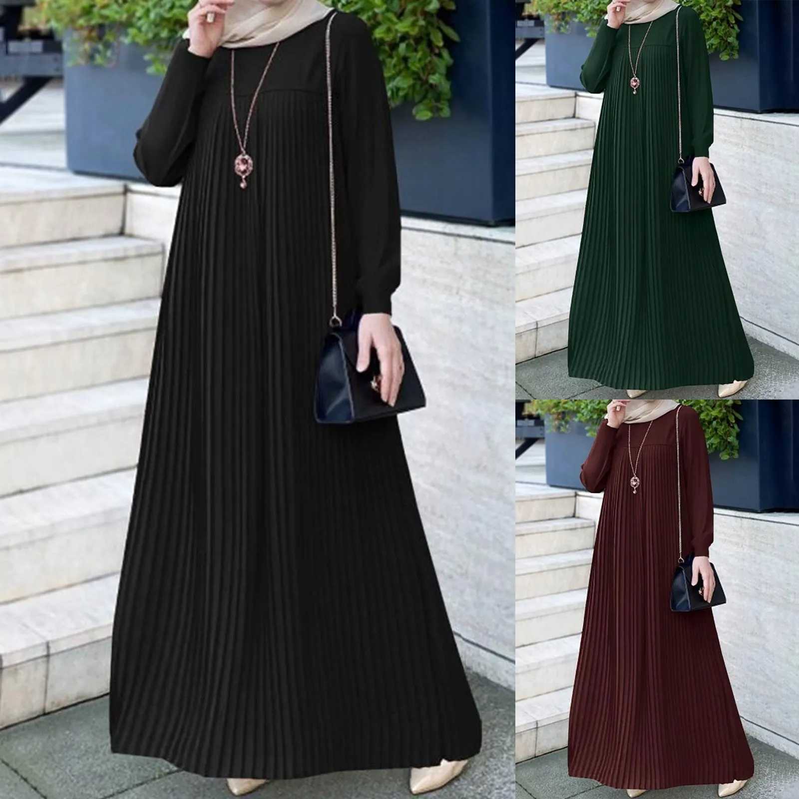 Fashion Ruffles Hem Muslim Sundress Women Pleated Puff Slve O-Neck Dress Autumn Elegant Party Abaya Vestidos Islamic Clothing X250514