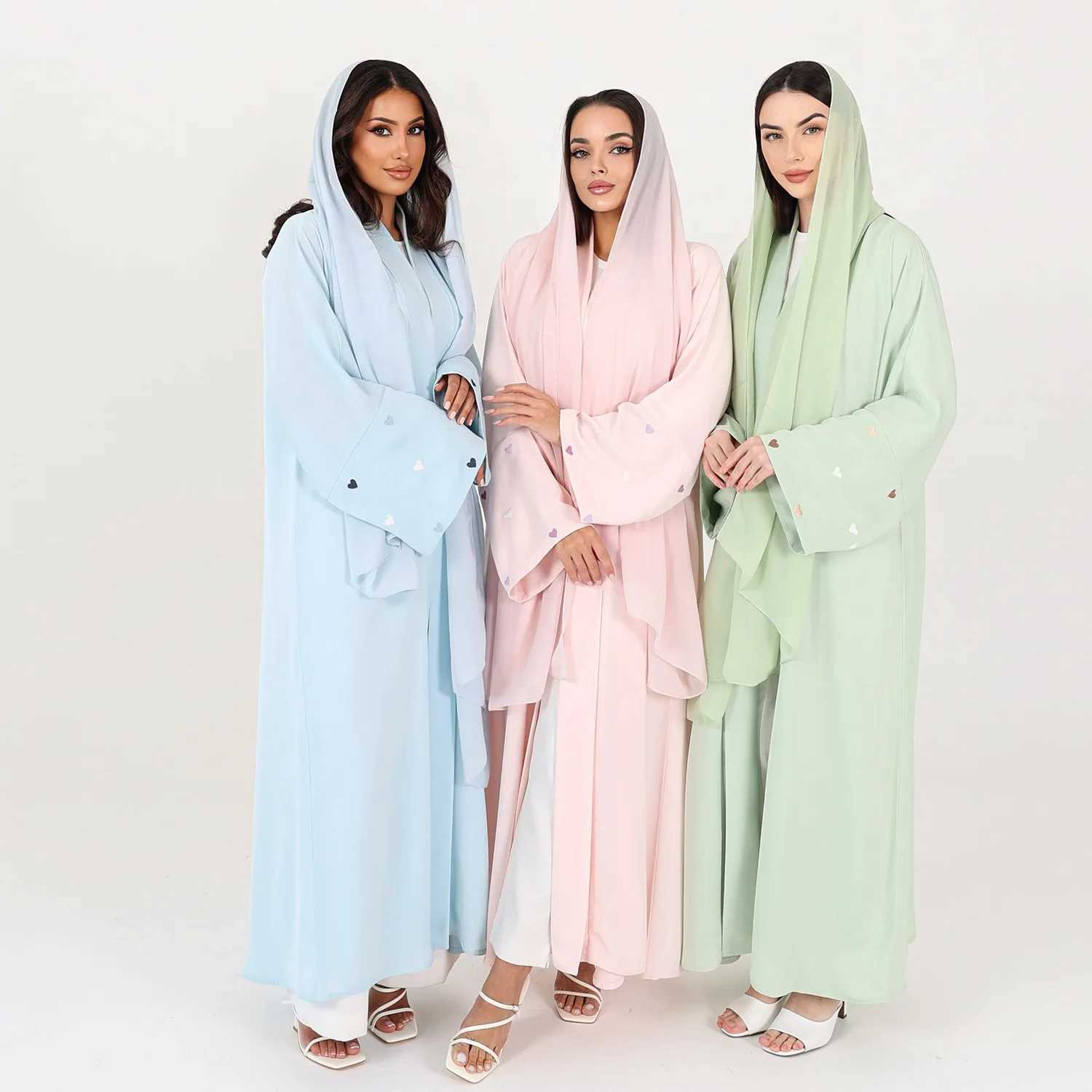 Women Heart Embroidery Long Slved Cardigan Muslim Abaya Dubai Party Burqa Loose Dress Ladies Kaftan Solid Color With Belt Robe X250514